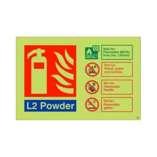 Photoluminescent (Glow in the Dark) Self Adhesive (Class C) L2 Powder Fire Extinguisher ID Sign - 150mm x 100mm