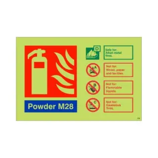 Photoluminescent (Glow in the Dark) Self Adhesive (Class C) Powder M28 Fire Extinguisher ID Sign - 150mm x 100mm