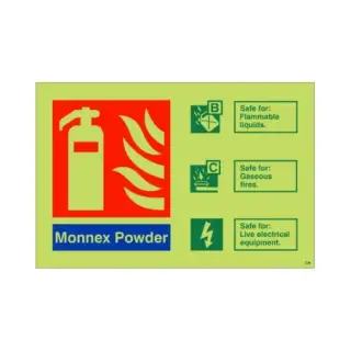 Photoluminescent (Glow in the Dark) Rigid Plastic (Class C) Monnex Powder Fire Extinguisher ID Sign - 150mm x 100mm