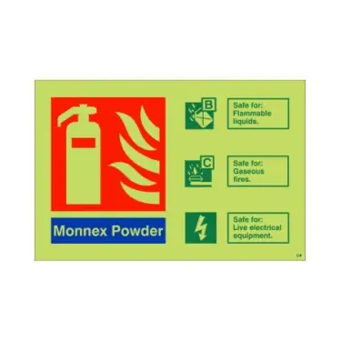 Click Here To Enlarge This Photo Of Photoluminescent (Glow in the Dark) Self Adhesive (Class C) Monnex Powder Fire Extinguisher ID Sign - 150mm x 100mm