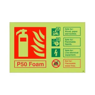 Photoluminescent (Glow in the Dark) Self Adhesive (Class C) P50 Foam Fire Extinguisher ID Sign - 150mm x 100mm
