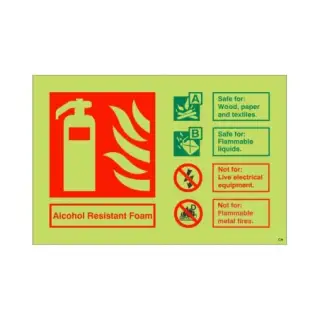 Photoluminescent (Glow in the Dark) Self Adhesive (Class C) Alcohol Resistant Foam Fire Extinguisher ID Sign - 150mm x 100mm