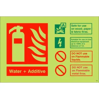 Photoluminescent (Glow in the Dark) Self Adhesive (Class C) Water + Additive Fire Extinguisher Sign - 150mm x 100mm