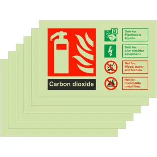 Photoluminescent (Glow in the Dark) Self Adhesive (Class C) 6-Pack Carbon Dioxide Fire Identification Signs - 150mm x 100mm