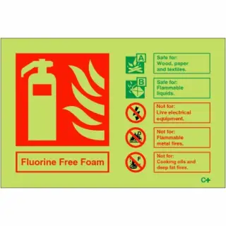 Photoluminescent (Glow in the Dark) Rigid Plastic (Class C) Fluorine Free Foam Fire Extinguisher ID Sign - 150mm x 100mm