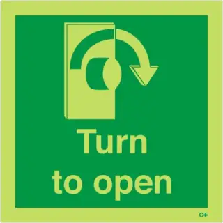 Photoluminescent (Glow in the Dark) Self Adhesive (Class C) Turn To Open Arrow Right Sign - 100mm x 100mm