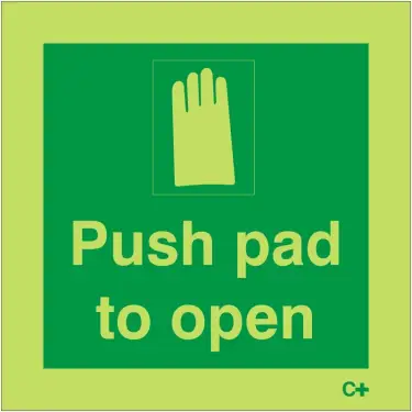 Click Here To Enlarge This Photo Of Photoluminescent (Glow in the Dark) Self Adhesive (Class C) Push Pad To Open Sign - 100mm x 100mm
