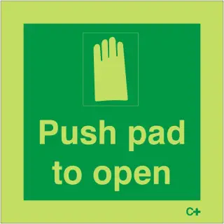 Photoluminescent (Glow in the Dark) Self Adhesive (Class C) Push Pad To Open Sign - 100mm x 100mm