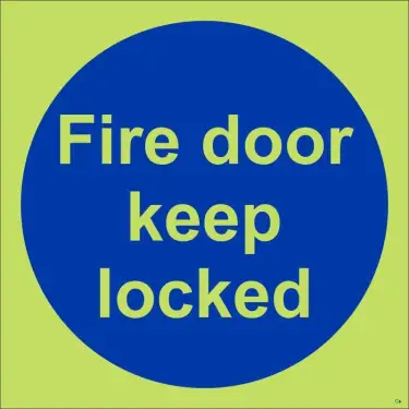 Click Here To Enlarge This Photo Of Photoluminescent (Glow in the Dark) Rigid Plastic (Class C) Fire Door Keep Locked Door Sign - 100mm x 100mm