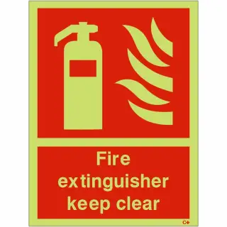 Photoluminescent (Glow in the Dark) Self Adhesive (Class C) Fire Extinguisher Keep Clear Sign - 200mm x 300mm