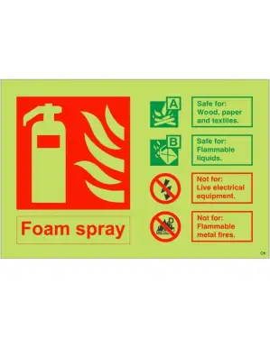 Click Here To Enlarge This Photo Of Photoluminescent (Glow in the Dark) Self Adhesive (Class C) Foam Spray Fire Extinguisher Sign - 150mm x 100mm