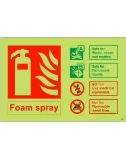 Photoluminescent (Glow in the Dark) Self Adhesive (Class C) Foam Spray Fire Extinguisher Sign - 150mm x 100mm