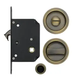FB81AB - Zoo Hardware Fulton & Bray Sliding Door Privacy Lock Set (35-45mm Thick Doors) - Antique Brass