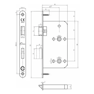 Click Here To Enlarge This Photo Of Eclipse 71423 DIN Bathroom Lock 60mm - (22mm Radius Forend) - Satin Stainless Steel