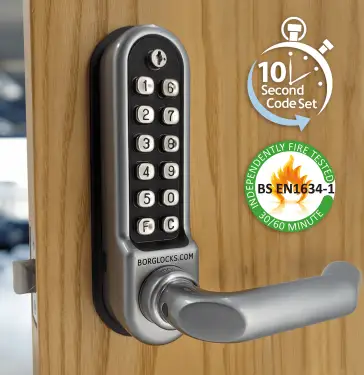 Click Here To Enlarge This Photo Of BORG Locks BL5001 ECP FT SC FIRE RATED Medium/Heavy Duty Round Bar Digital Lock with Free Passage Mode & Easicode Pro Coding Chamber (60mm Latch) - Satin Chrome