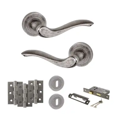 Click Here To Enlarge This Photo Of Atlantic - OE178 Old English Warwick Door Handle on Rose Pack - Distressed Silver