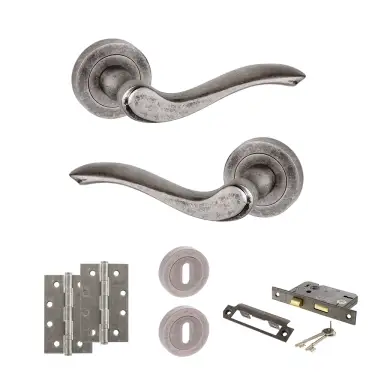 Click Here To Enlarge This Photo Of Atlantic - OE178 Old English Warwick Door Handle on Rose Pack - Distressed Silver