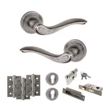 Click Here To Enlarge This Photo Of Atlantic - OE178 Old English Warwick Door Handle on Rose Pack - Distressed Silver