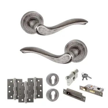 Click Here To Enlarge This Photo Of Atlantic - OE178 Old English Warwick Door Handle on Rose Pack - Distressed Silver