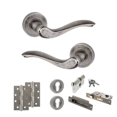 Click Here To Enlarge This Photo Of Atlantic - OE178 Old English Warwick Door Handle on Rose Pack - Distressed Silver