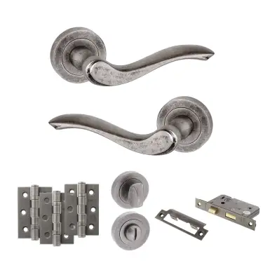Click Here To Enlarge This Photo Of Atlantic - OE178 Old English Warwick Door Handle on Rose Pack - Distressed Silver