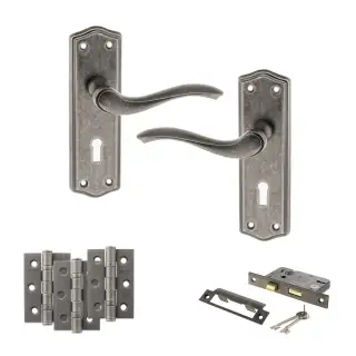 Atlantic - OE178 Old English Warwick Door Handle on Plate Pack - Distressed Silver