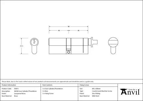 Click Here To Enlarge This Photo Of 91871 From The Anvil Brass 40/40 Euro Profile Cylinder & Turn