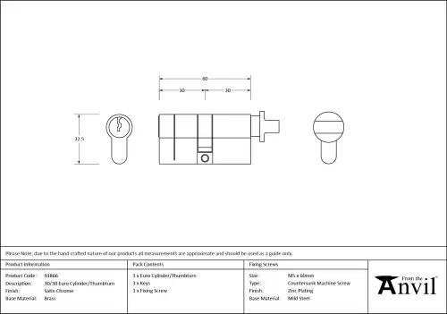 Click Here To Enlarge This Photo Of 91866 From The Anvil Satin Chrome 30/30 Euro Profile Cylinder & Turn