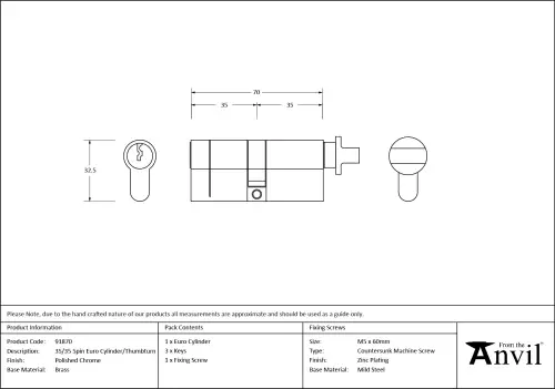 Click Here To Enlarge This Photo Of 91870 From The Anvil Polished Chrome 35/35 Euro Profile Cylinder & Turn