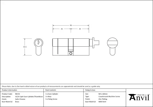 Click Here To Enlarge This Photo Of 90214 From The Anvil Satin Chrome 35/35 Euro Profile Cylinder & Turn