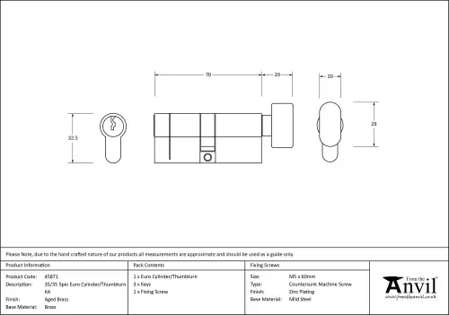 Click Here To Enlarge This Photo Of 45871 From The Anvil Aged Brass 35/35 5pin Euro Profile Cylinder & Turn (Keyed Alike)