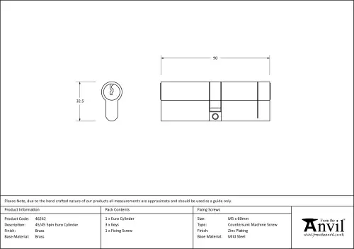 Click Here To Enlarge This Photo Of 46242 From The Anvil Brass 45/45 5pin Euro Profile Double Cylinder