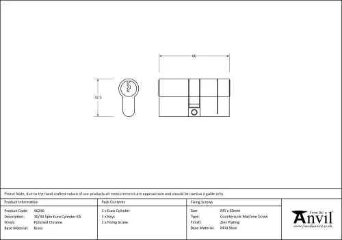 Click Here To Enlarge This Photo Of 46246 From The Anvil Polished Chrome 30/30 5pin Euro Profile Double Cylinder (Keyed Alike)