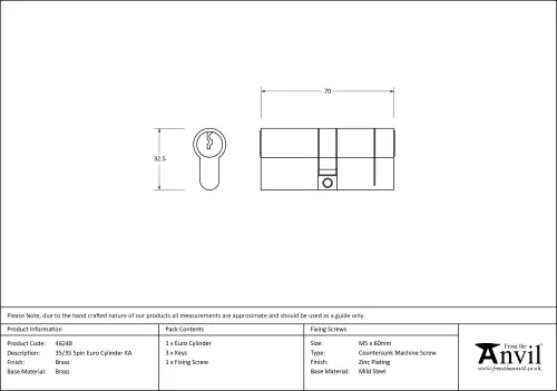 Click Here To Enlarge This Photo Of 46248 From The Anvil Brass 35/35 5pin Euro Profile Double Cylinder (Keyed Alike)