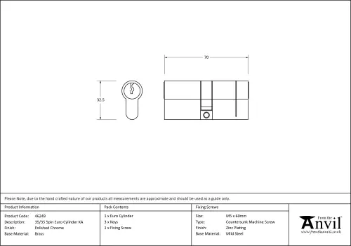 Click Here To Enlarge This Photo Of 46249 From The Anvil Polished Chrome 35/35 5pin Euro Profile Double Cylinder (Keyed Alike)
