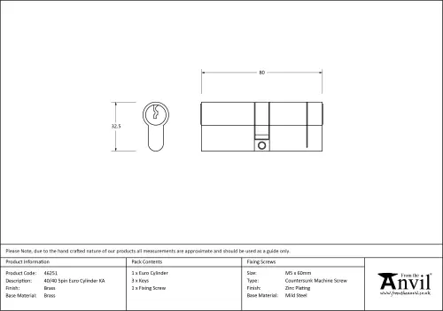 Click Here To Enlarge This Photo Of 46251 From The Anvil Brass 40/40 5pin Euro Profile Double Cylinder (Keyed Alike)