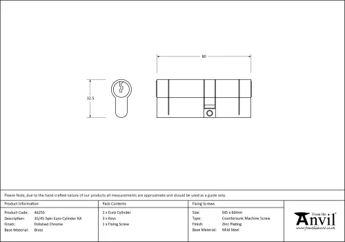 Click Here To Enlarge This Photo Of 46255 From The Anvil Polished Chrome 35/45 5pin Euro Profile Double Cylinder (Keyed Alike)