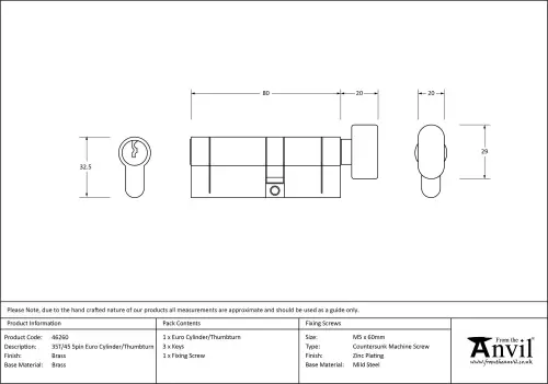 Click Here To Enlarge This Photo Of 46260 From The Anvil Brass 35T/45 5pin Euro Profile Cylinder & Turn