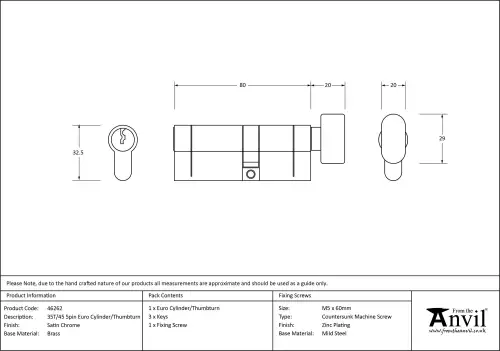 Click Here To Enlarge This Photo Of 46262 From The Anvil Satin Chrome 35T/45 5pin Euro Profile Cylinder & Turn
