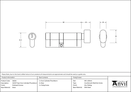 Click Here To Enlarge This Photo Of 46264 From The Anvil Polished Chrome 35/45T 5pin Euro Profile Cylinder & Turn