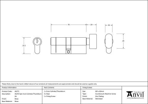 Click Here To Enlarge This Photo Of 46272 From The Anvil Brass 35/35 5pin Euro Profile Cylinder & Turn (Keyed Alike)