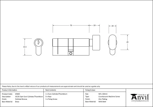 Click Here To Enlarge This Photo Of 45845 From The Anvil Polished Bronze 35/35 5pin Euro Profile Cylinder & Turn