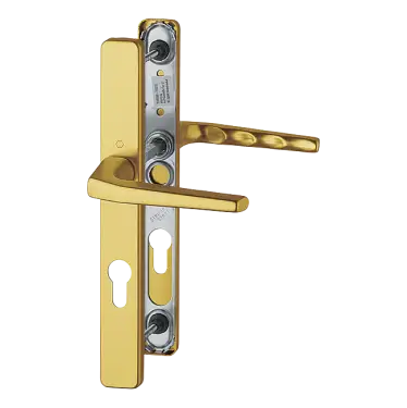Click Here To Enlarge This Photo Of 117L/2246 HOPPE Frankfurt 70mm UPVC Lever Door Handles on Narrow Backplate (200mm c/c) - Gold (2398913)