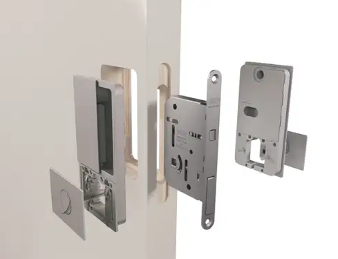 Click Here To Enlarge This Photo Of AGBWBPDSC - AGB Wave Flush Pocket Door Handle & Bathroom Lock Set - Satin Chrome