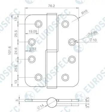 Click Here To Enlarge This Photo Of H3N1203/13/SSS/R/R - Carlisle Brass Eurospec 102mm x 76mm x 3mm Grade 13 Lift Off Hinges (Radius) Satin Stainless Steel (Right Hand)