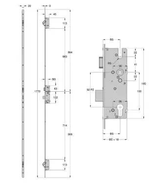 Click Here To Enlarge This Photo Of WINKHAUS AV2 Autolocking 2 Hook Multipoint Lock (Left Hand) - 45mm Backset - 20mm Radius Faceplate (2559887)