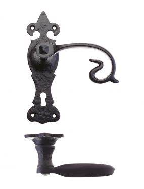 Click Here To Enlarge This Photo Of FF311 - Zoo Hardware Foxcote Foundries Scroll Lever on Fleur De Lys Lock Backplate (168 x 48mm) Black Antique