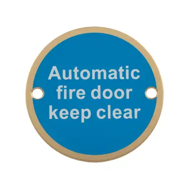 Click Here To Enlarge This Photo Of SEX1022SPVD - Carlisle Brass Eurospec 'Automatic Fire Door Keep Clear' Sign 76mm Satin Brass PVD