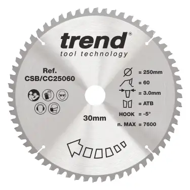 Click Here To Enlarge This Photo Of Trend CSB&sol;CC25060 Wood Mitre Saw Blade 250mm x 30mm x 60T