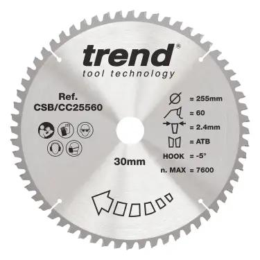 Click Here To Enlarge This Photo Of Trend CSB&sol;CC25560 Wood Mitre Saw Blade 255mm x 30mm x 60T